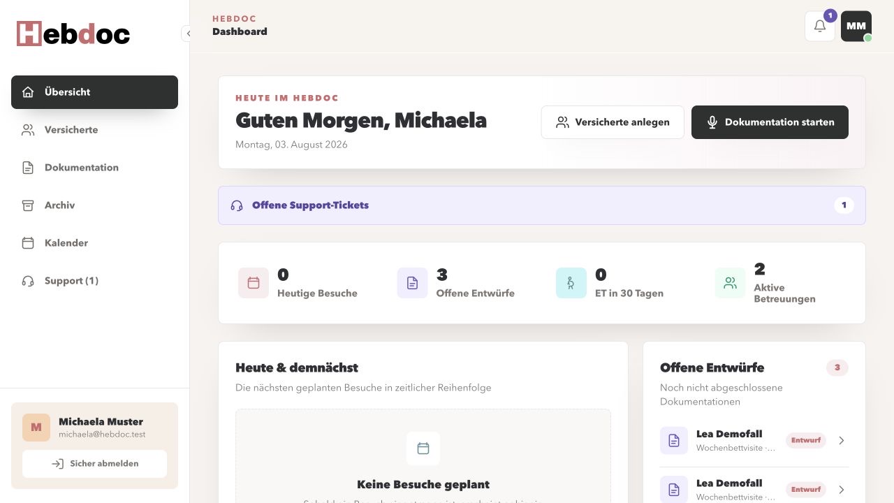Übersicht der Funktionen in der Hebdoc Hebammen Software