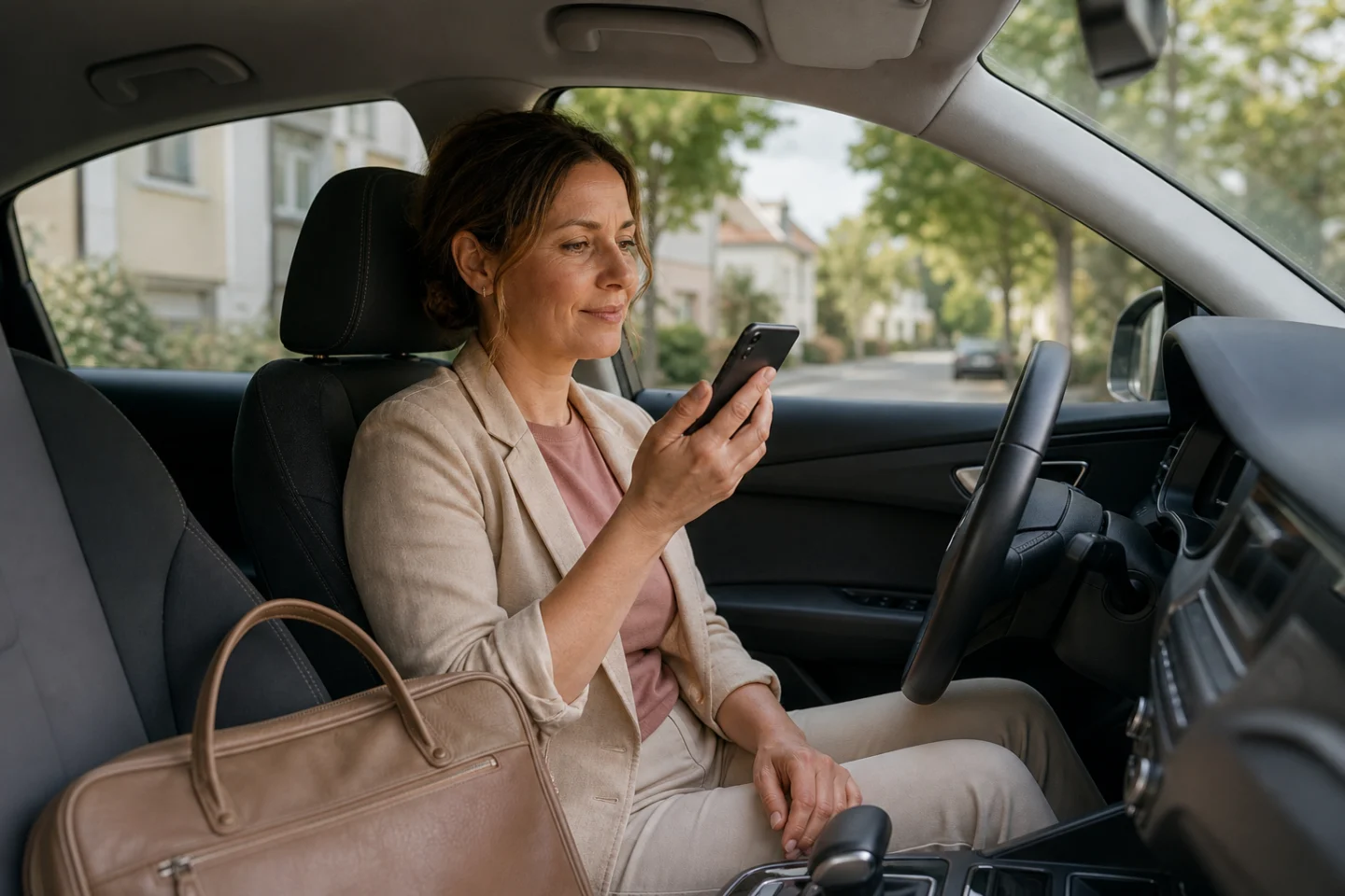 Freiberufliche Hebamme dokumentiert einen Hausbesuch mobil mit Hebdoc im geparkten Auto